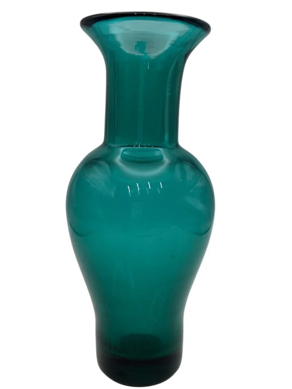Vintage Emerald Teal Art Glass Vase Hand Blown Mid Century Modern 9”